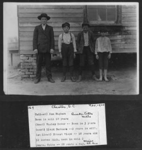 Photo 369. Sarah Hine’s caption: “(Tallest) Sam Bigham, Eureka Cotton Mills. Been in mill 10 years. (Next) Washey Dover--Been in 3 years. (Next) Lloyd Barnado--2 years in mill. (Smallest) Ernst Floyd--10 years old, 52 inches high. Been in mill 2 years. Spins--60 cents a day. Witness S.R. Hine. Location: Chester, South Carolina.”