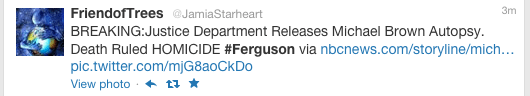Ferguson Twitter, Michael Brown autoposy tweet