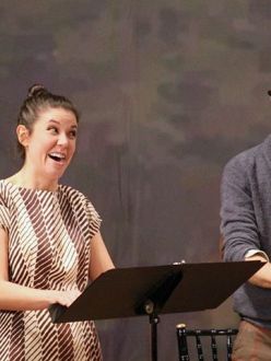 Photo by Lloyd Mulvey shows actors Gibson Frazier (playing Anton) and Zoe Winters (playing Alina) in the Pearl Theatre’s staged reading of Oded Gross’s The Government Inspector, January 2015; directed by Lucie Tiberghien.