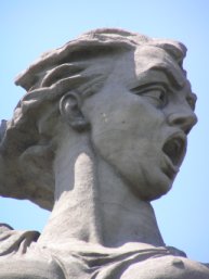 Giant sculpture, Родина-мать зовёт! (The Motherland Calls); in Volgograd (formerly Stalingrad), Russia. Commemorating the Battle of Stalingrad, the sculpture (apparently the world's largest sculpture of a woman) was designed by sculptor Yevgeny Vuchetich and structural engineer Nikolai Nikitin.