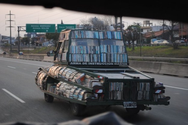 Raul Lemesoff's transformation of an old car into a mobile library shaped like a tank. His Arma De Instruccion Masiva (Weapon of Mass Instruction) has roamed the streets of Buenos Aires, attacking people with knowledge. 