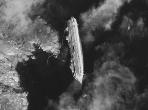 The wreck of the Costa Concordia, Giglio, Italy, 2012, as photographed from a satellite by Digital Globe.