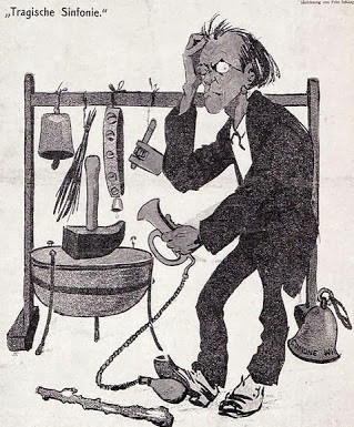 Cartoon from the Austrian magazine Die Muskete, depicting the composer-conductor Gustav Mahler with a variety of musical and pseudo-musical devices. 