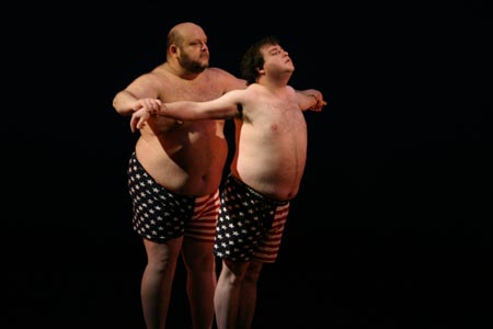 The 25th Annual Putnam County Spelling Bee's Lawrence Goldhuber and Todd Buonopane in their interpretative political dance