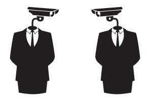 Privacy and Power - cartoon people with cameras for heads surveilling one another