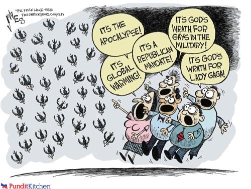 Clay Jones, GoComics.com: Lady Gaga, global warming, Republican mandate, God's wrath for gays in the military cartoon