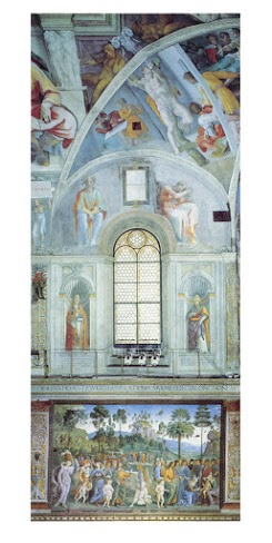 Sistine Chapel, detail of the South wall with Michelangelo’s The Punishment of Haman (top), Aminadab lunette, Pope Evaristus (left) and Perugino, Moses Leaving to Egypt (bottom)