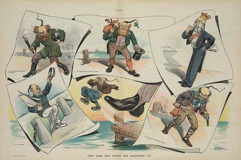 Anti-Chinese cartoon titled “How John may dodge the exclusion act.” (Library of Congress)