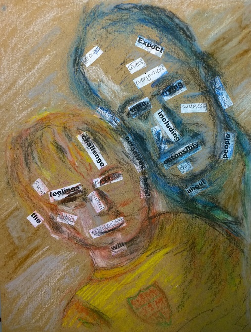 William Eaton, "Jonah and Bill, Biarritz long ago," collage with Conté crayon, March 2017