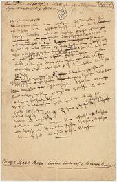Only surviving page from the first draft of the Manifest der Kommunistischen Partei, handwritten by Marx