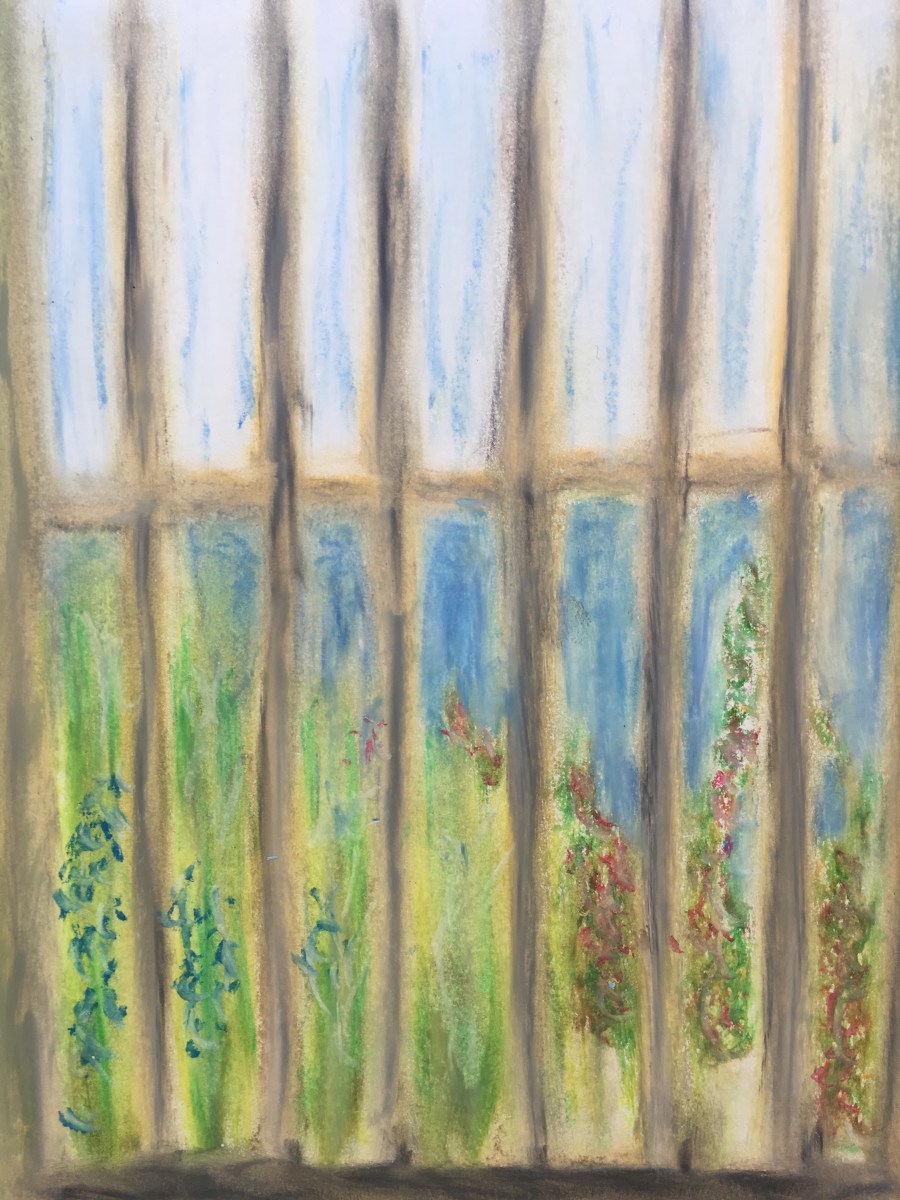 View from the courtyard of the Legion of Honor, San Francisco, oil pastels, William Eaton, 1 April 2018